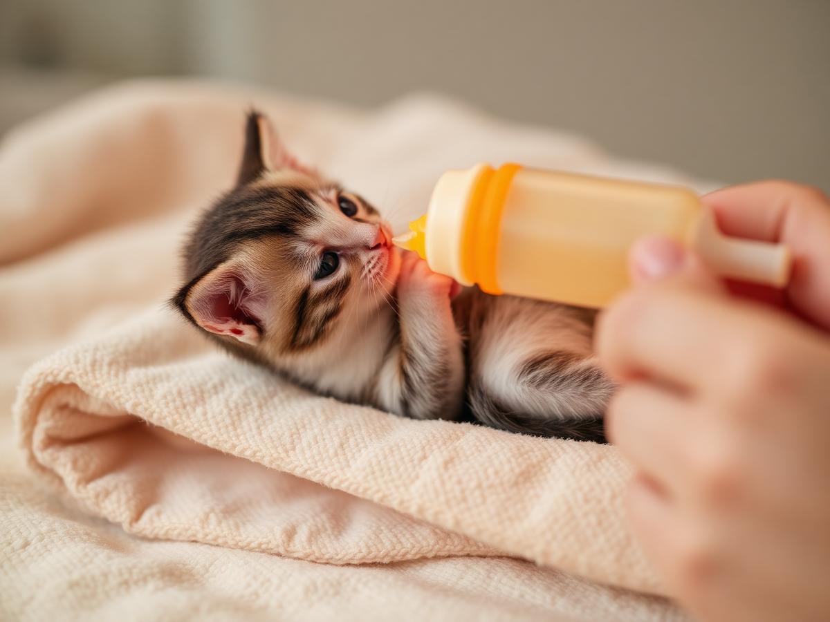 A tiny kitten being bottle fed on a soft towel