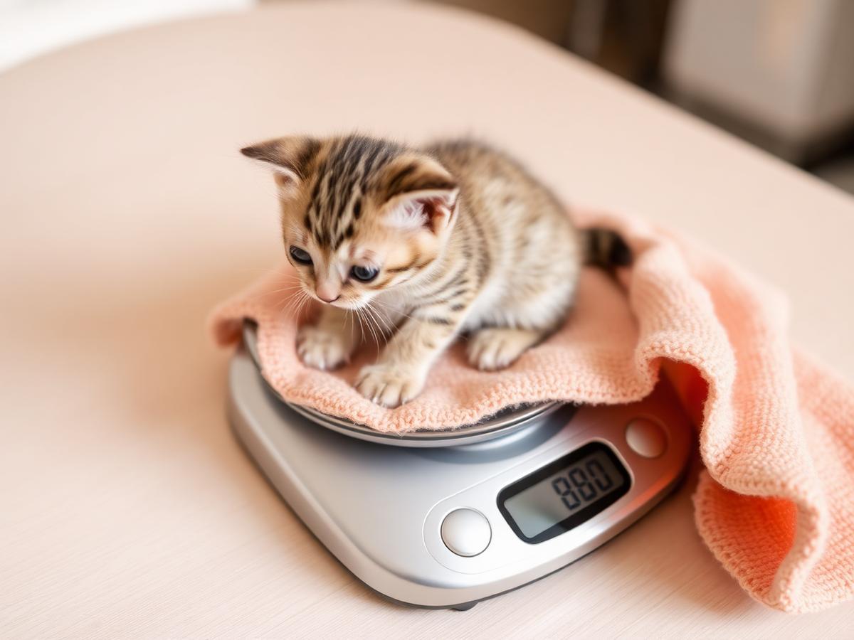 A small kitten being weighed on a digital kitchen scale