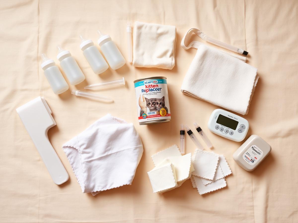 Flat lay of kitten care supplies on cream linen