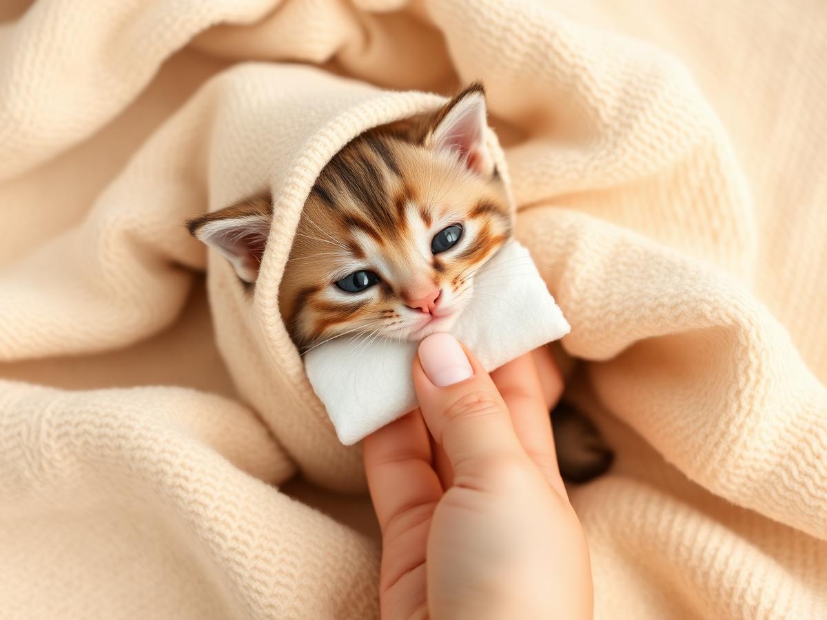 A gentle hand wiping a tiny kitten with a soft cloth