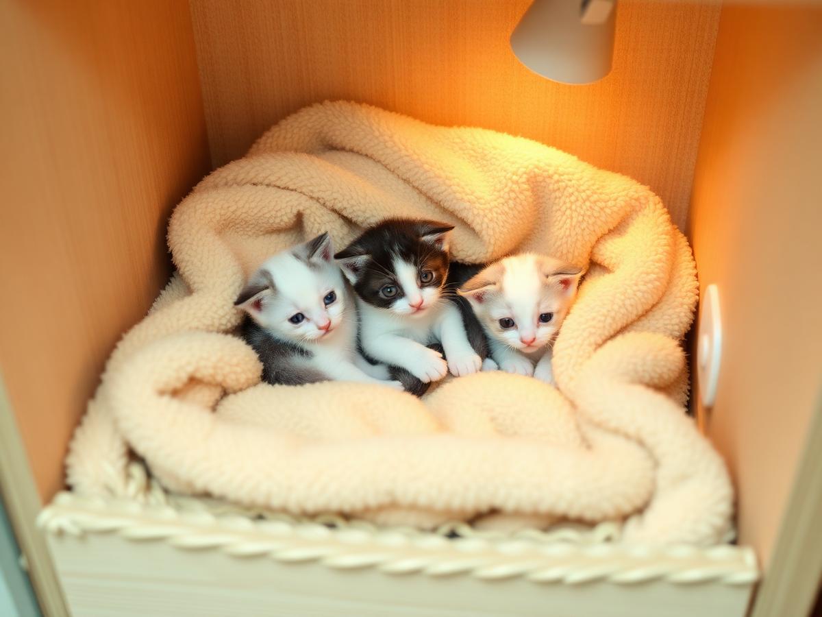 Three kittens cuddled in a nesting box under a warm lamp
